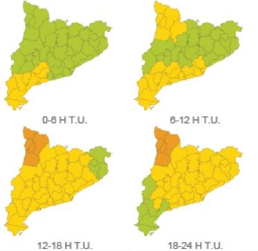 Mapa de l'evolució del perill per vent aquest dilluns. 