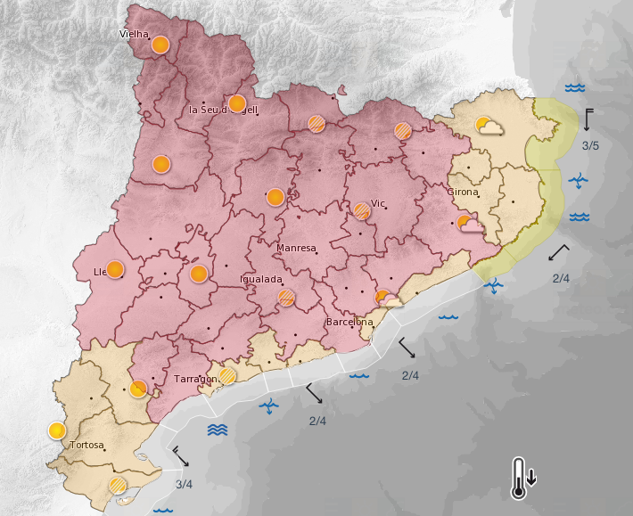 Catalunya està en alerta alta per la baixada de temperaturs FOTO: Mapa d'avisos Meteocat